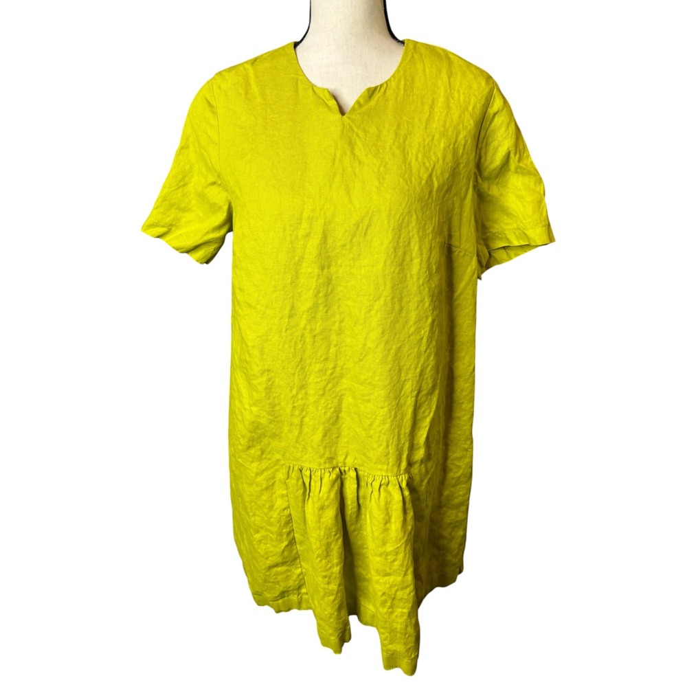 Ronen Chen Chartreuse Green 100% Linen Lined Shift Dress Drop Waist Size 12
